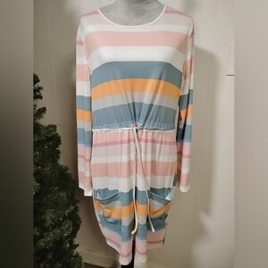 womens long sleeve striped dress size xl multicolor pockets QUMEE Drawstring